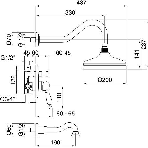 Схема Bugnatese Oxford 6369 Душевая система с верхним душем и изливом, хром